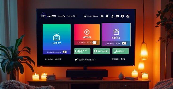 IPTV Smarters Pro home screen on Android, iOS, and Windows